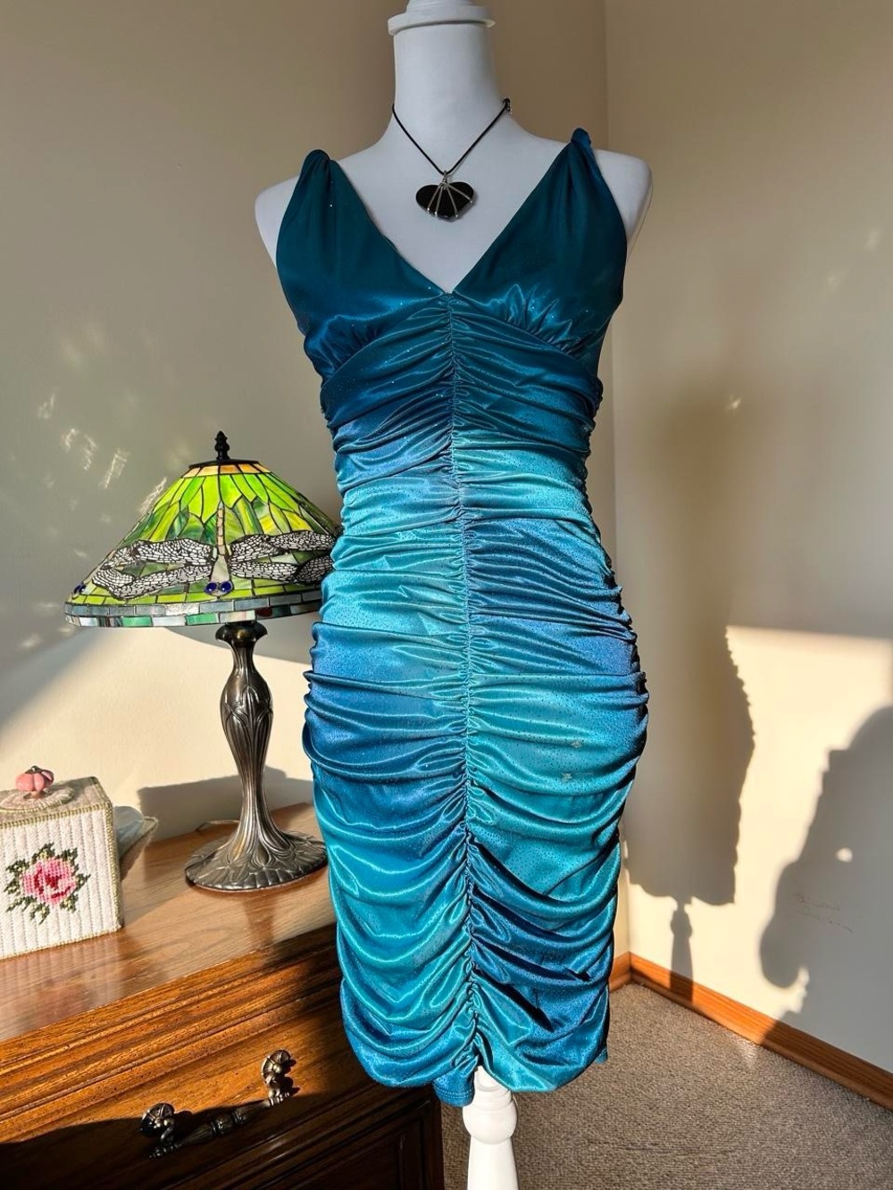 Ruby Rox Shimmery Teal Ruched V-Neck Midi Dress